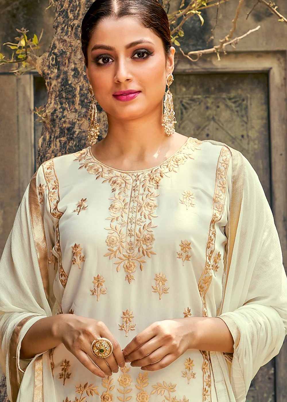 Off White Designer Georgette Palazzo Suit - Image 2