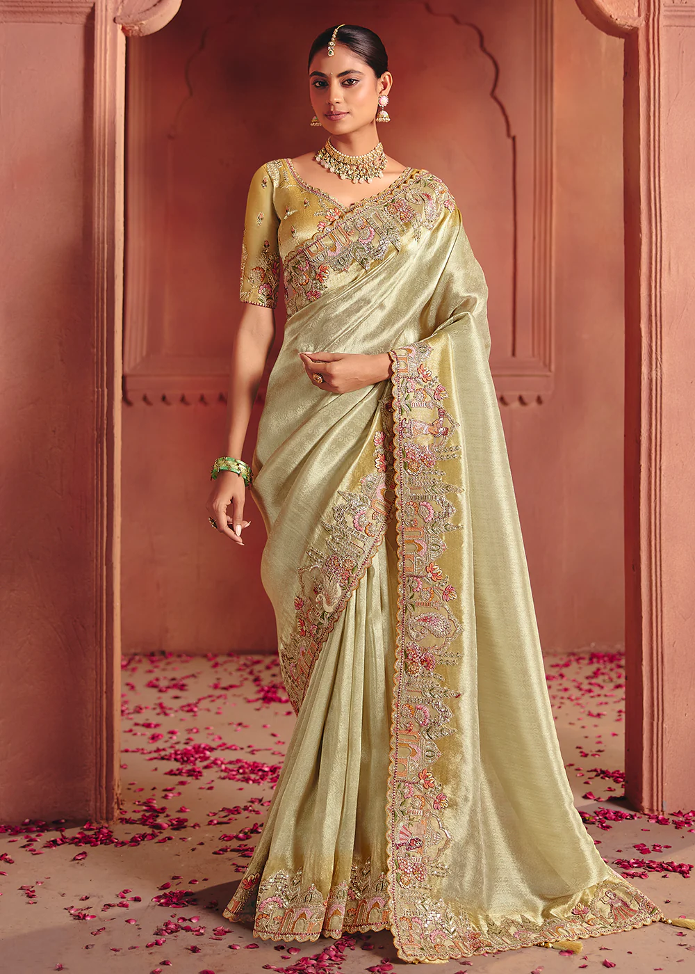 Off White Designer Style Embroidered Wedding Saree