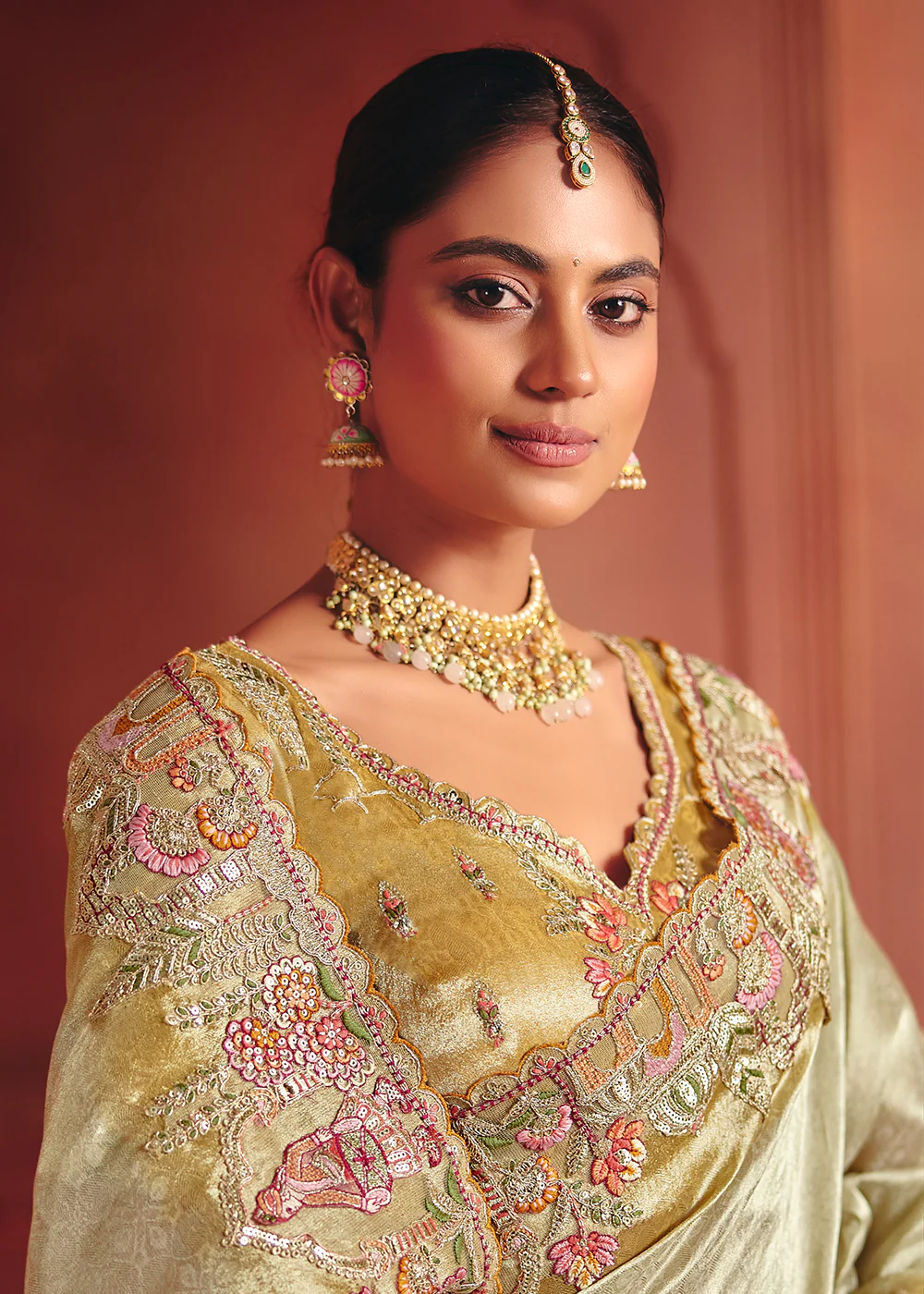 Off White Designer Style Embroidered Wedding Saree - Image 2
