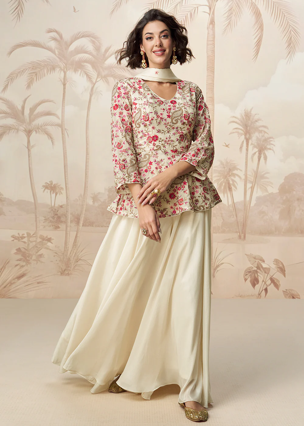 Off White Digital Printed & Embroidered Palazzo Style Suit