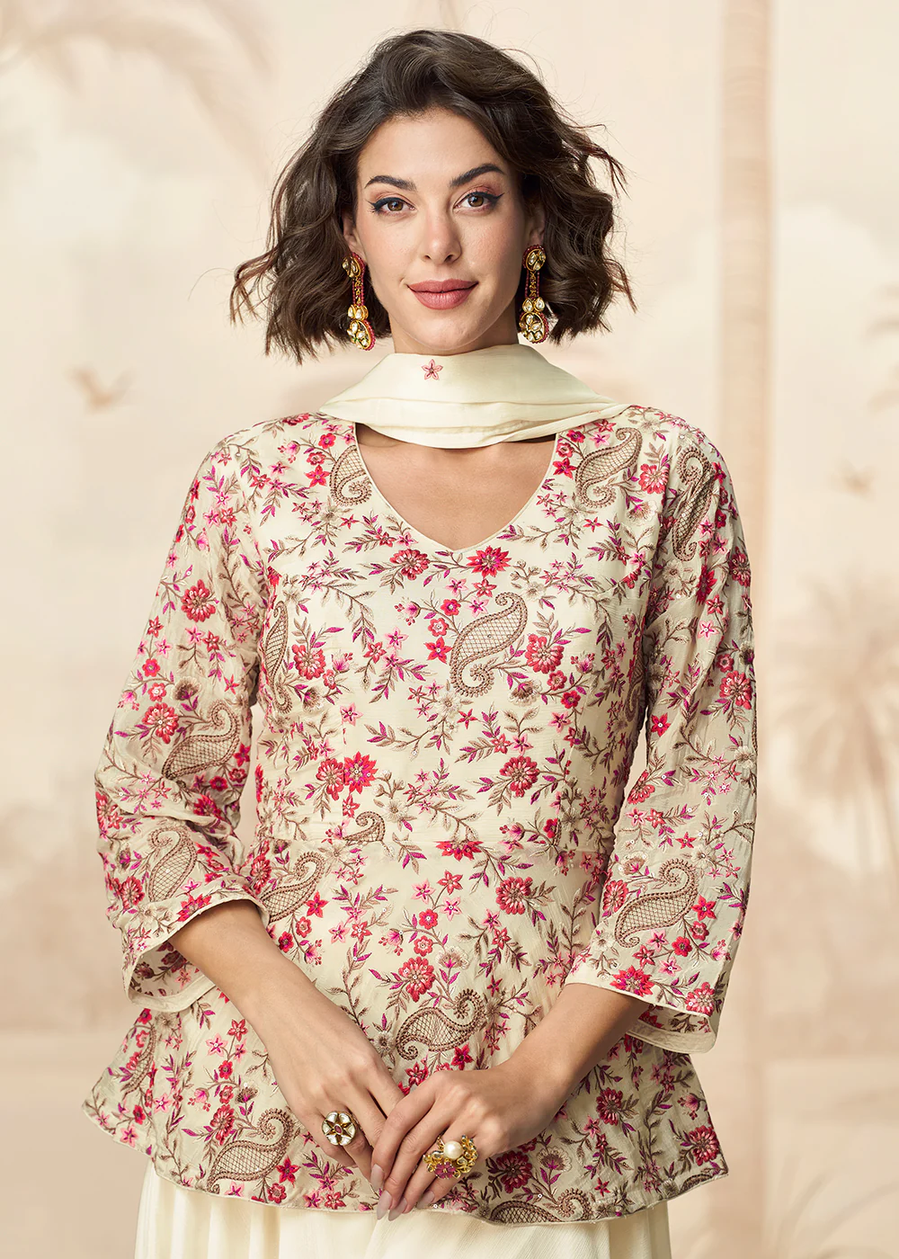 Off White Digital Printed & Embroidered Palazzo Style Suit - Image 2