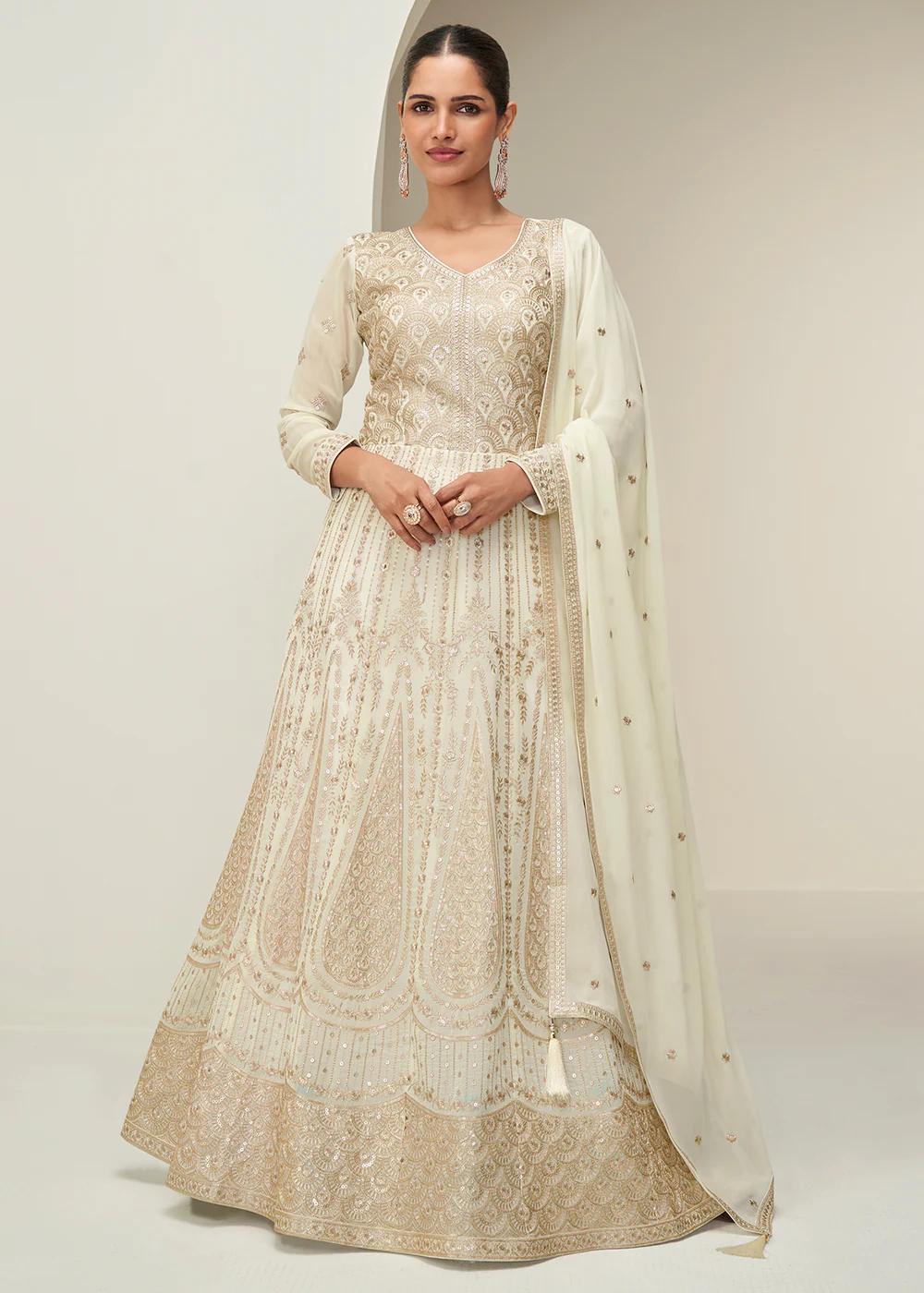 Off White Embroidered Elegant Wedding Anarkali Suit