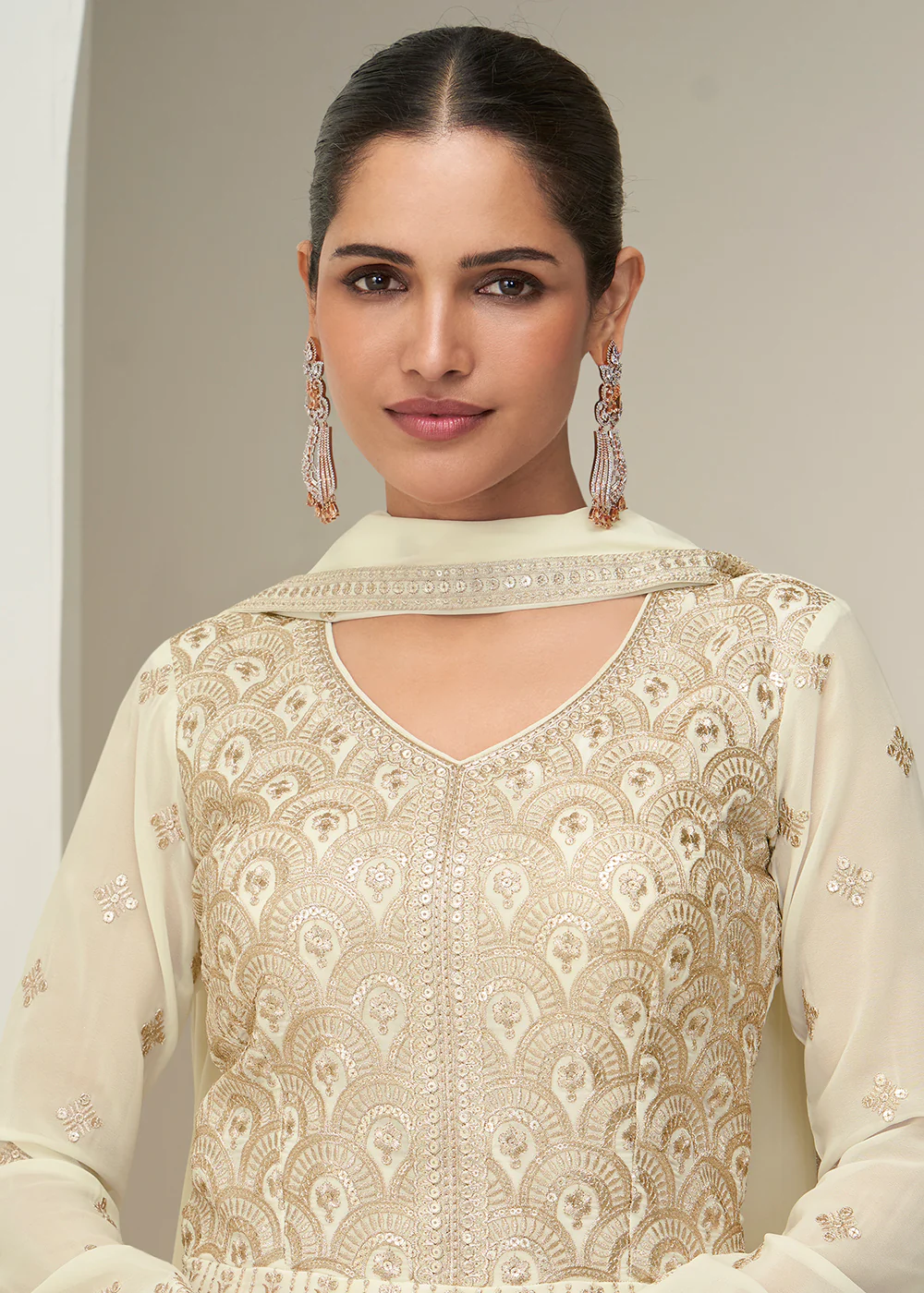 Off White Embroidered Elegant Wedding Anarkali Suit - Image 2