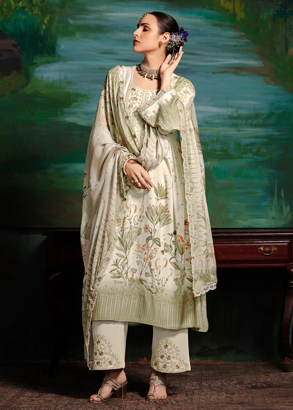 Off White Embroidered Muslin Festive Style Salwar Suit