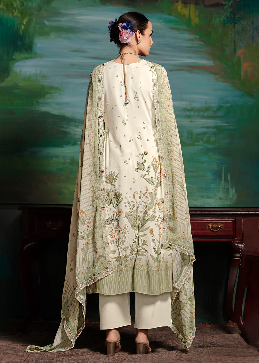 Off White Embroidered Muslin Festive Style Salwar Suit - Image 3