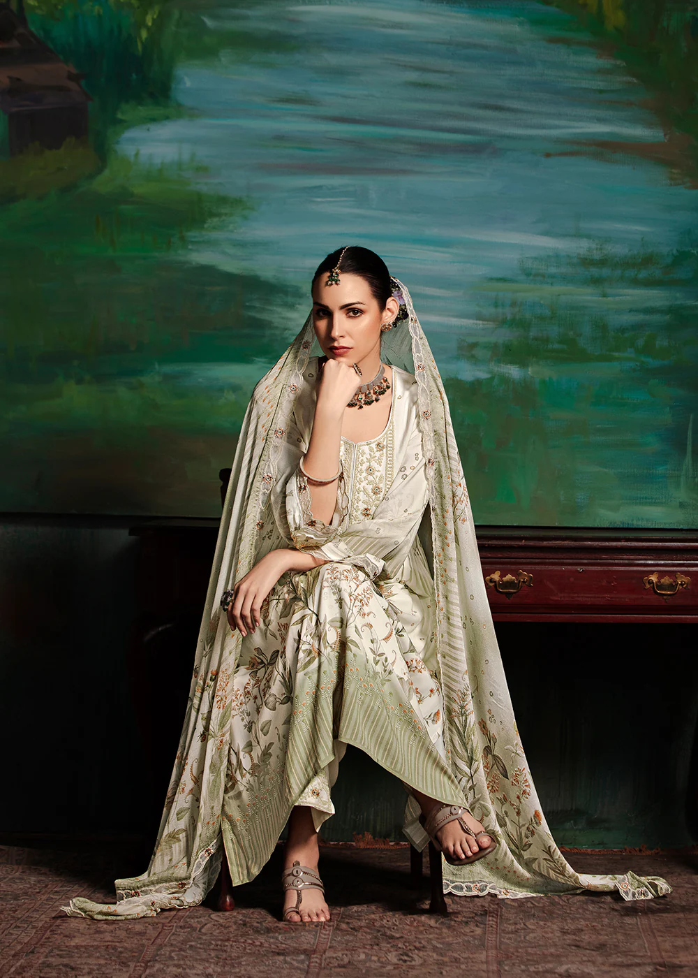 Off White Embroidered Muslin Festive Style Salwar Suit - Image 4