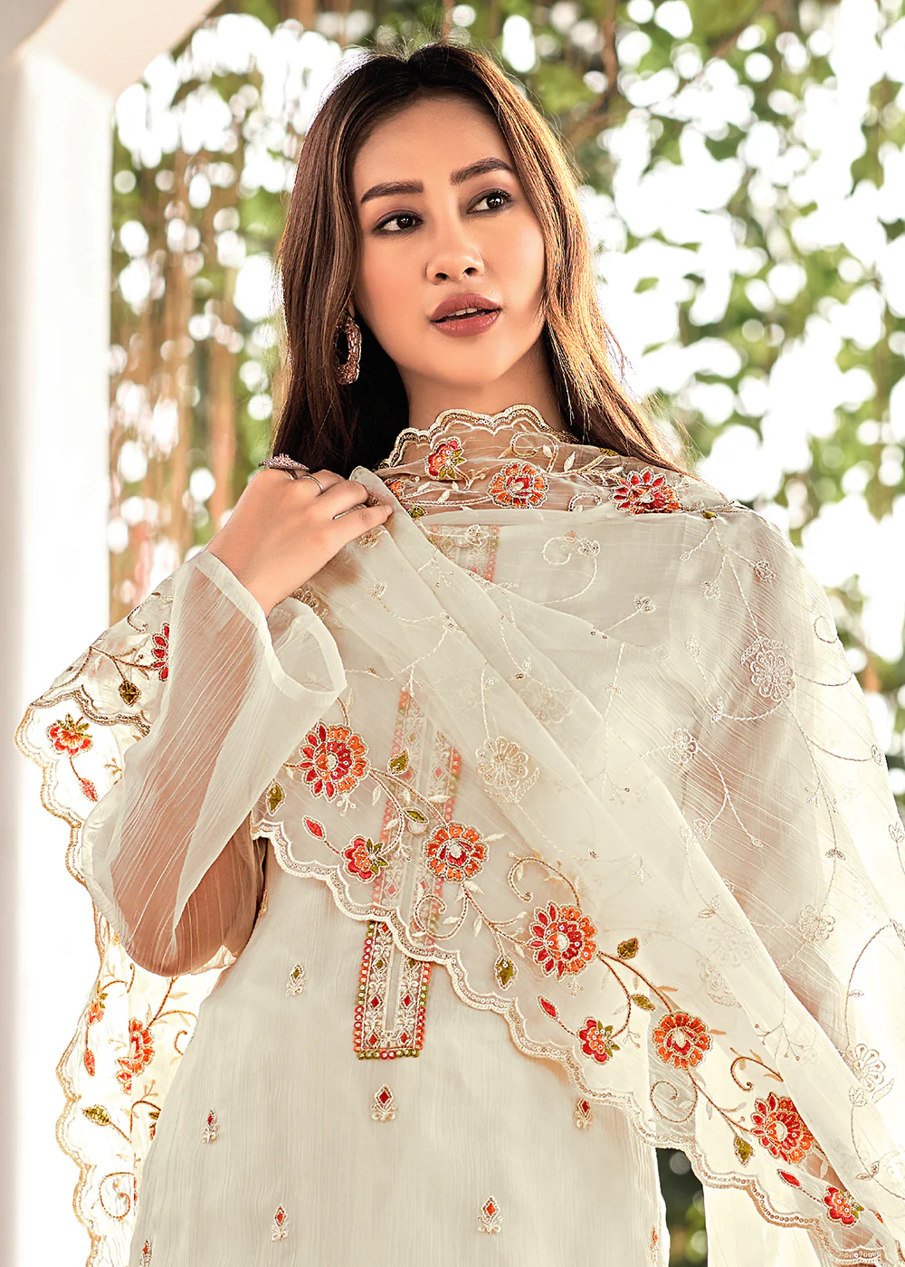 Off White Embroidered Organza Chiffon Festive Salwar Suit - Image 2
