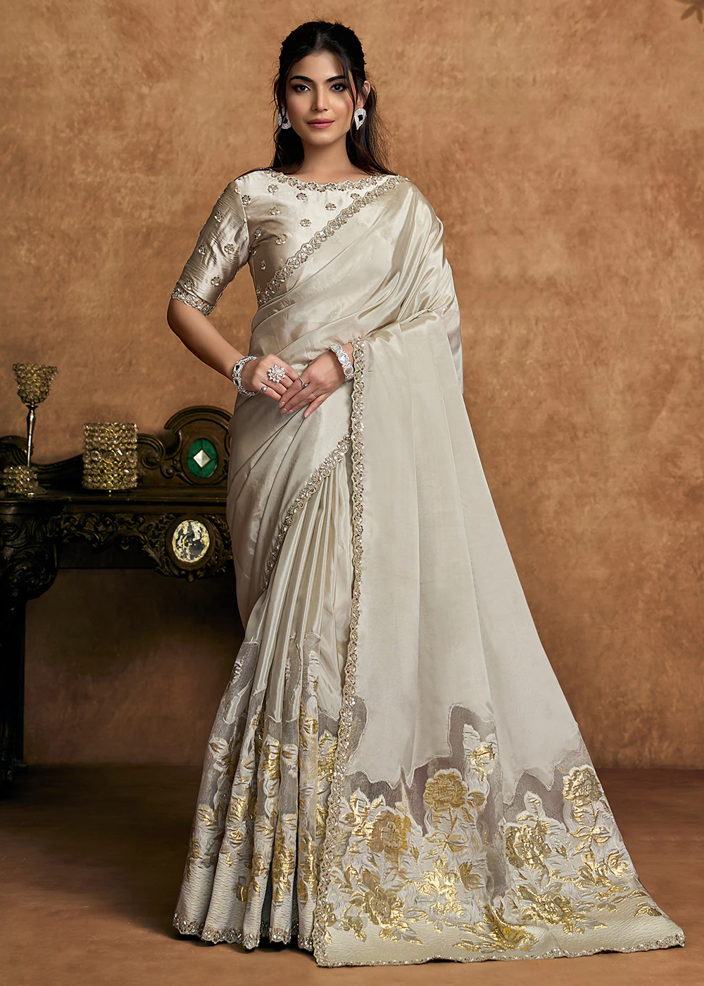 Off White Embroidered Wedding Festive Wear Saree