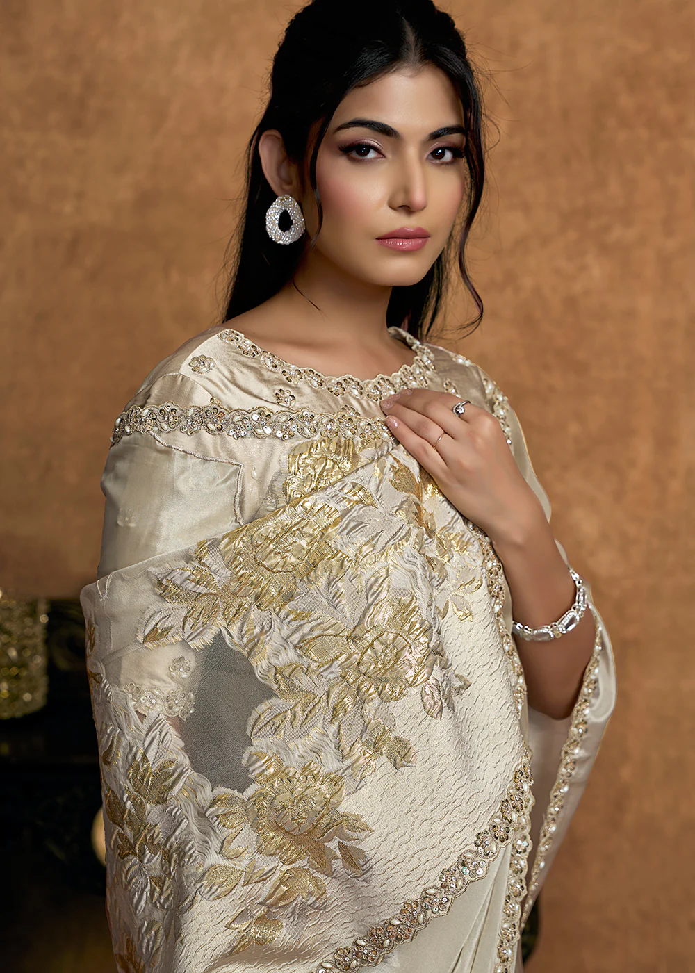 Off White Embroidered Wedding Festive Wear Saree - Image 3