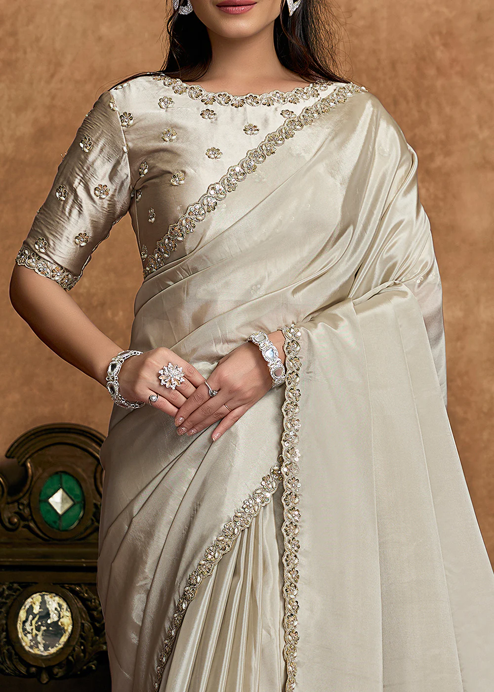 Off White Embroidered Wedding Festive Wear Saree - Image 4