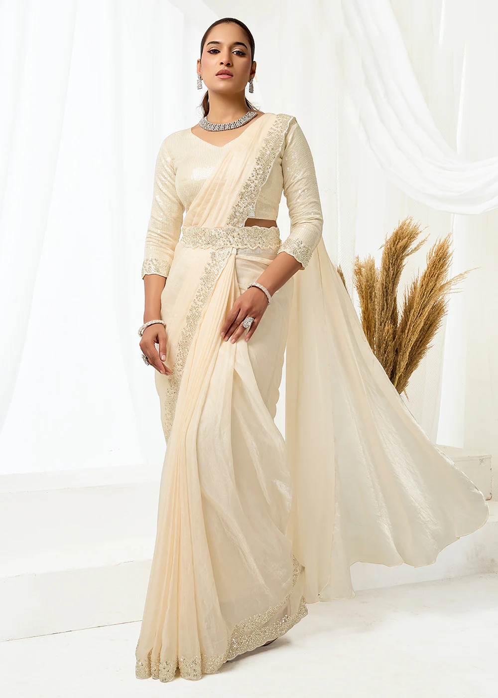 Off White Embroidered Wedding Party Wear Saree