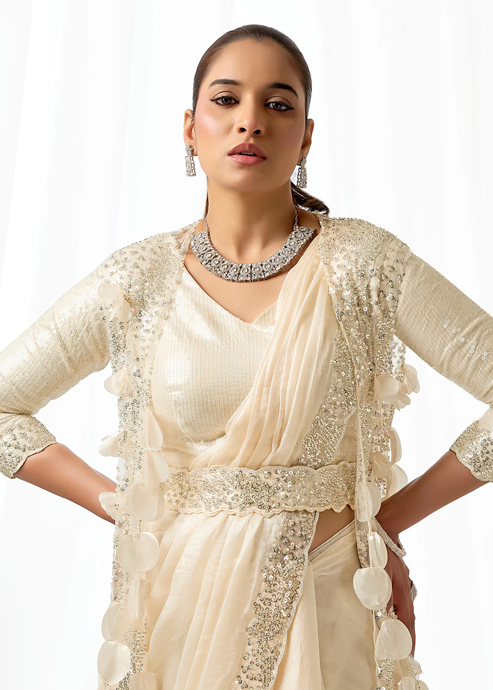 Off White Embroidered Wedding Party Wear Saree - Image 2