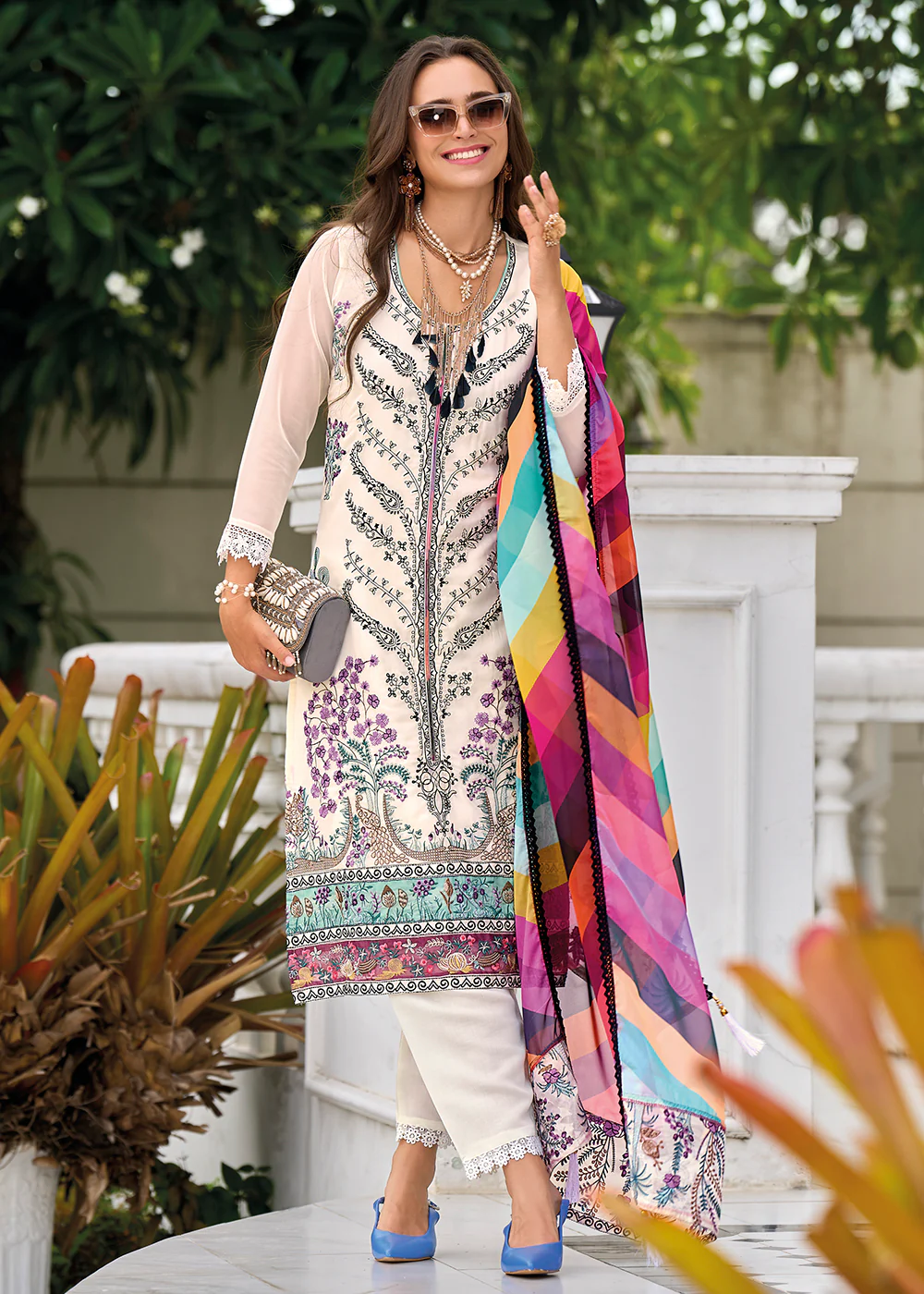 Off White Fancy Embroidered Organza Pant Style Salwar Suit