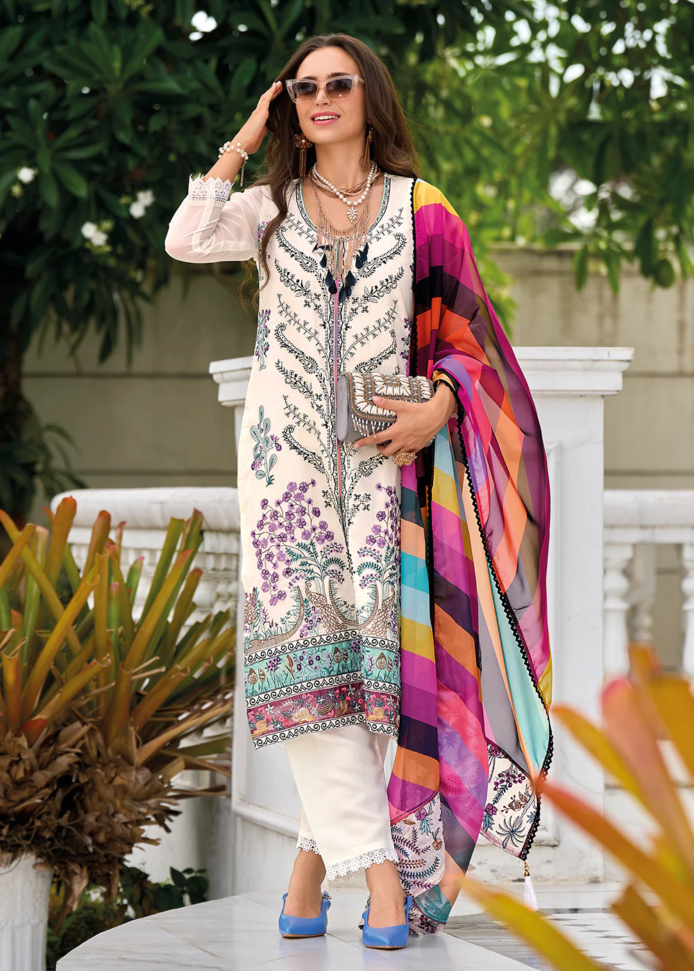 Off White Fancy Embroidered Organza Pant Style Salwar Suit - Image 3