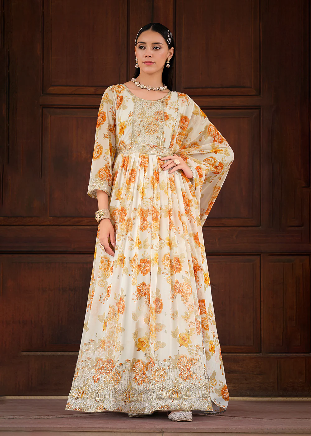 Off White Floral Digital Printed & Embroidered Festive Anarkali Gown - Image 3