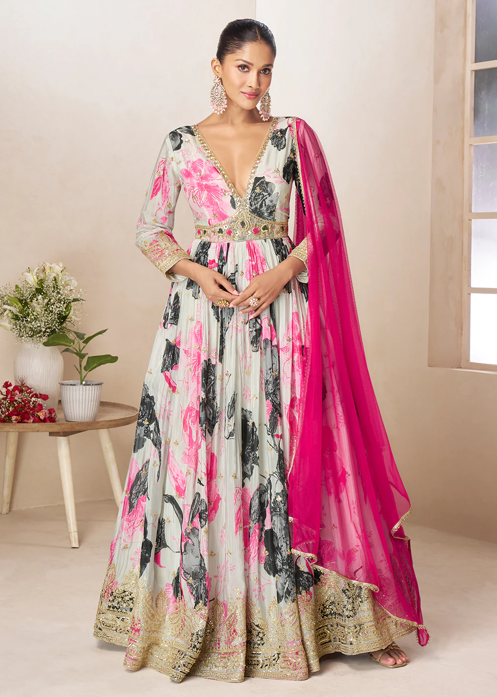 Off White Floral Digital Printed Festive Anarkali Gown