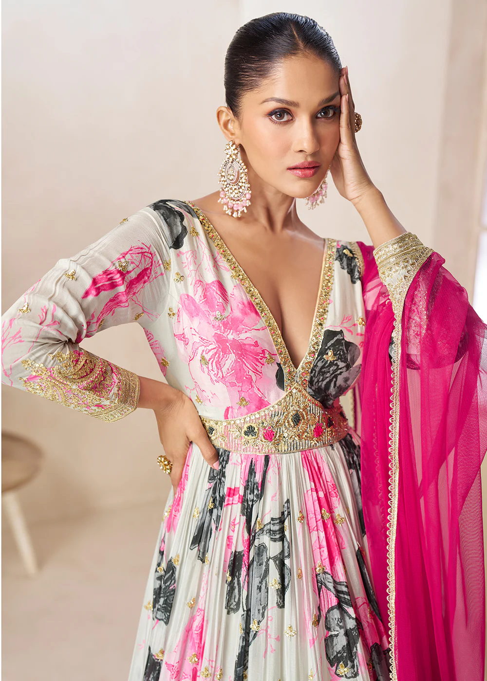 Off White Floral Digital Printed Festive Anarkali Gown - Image 2
