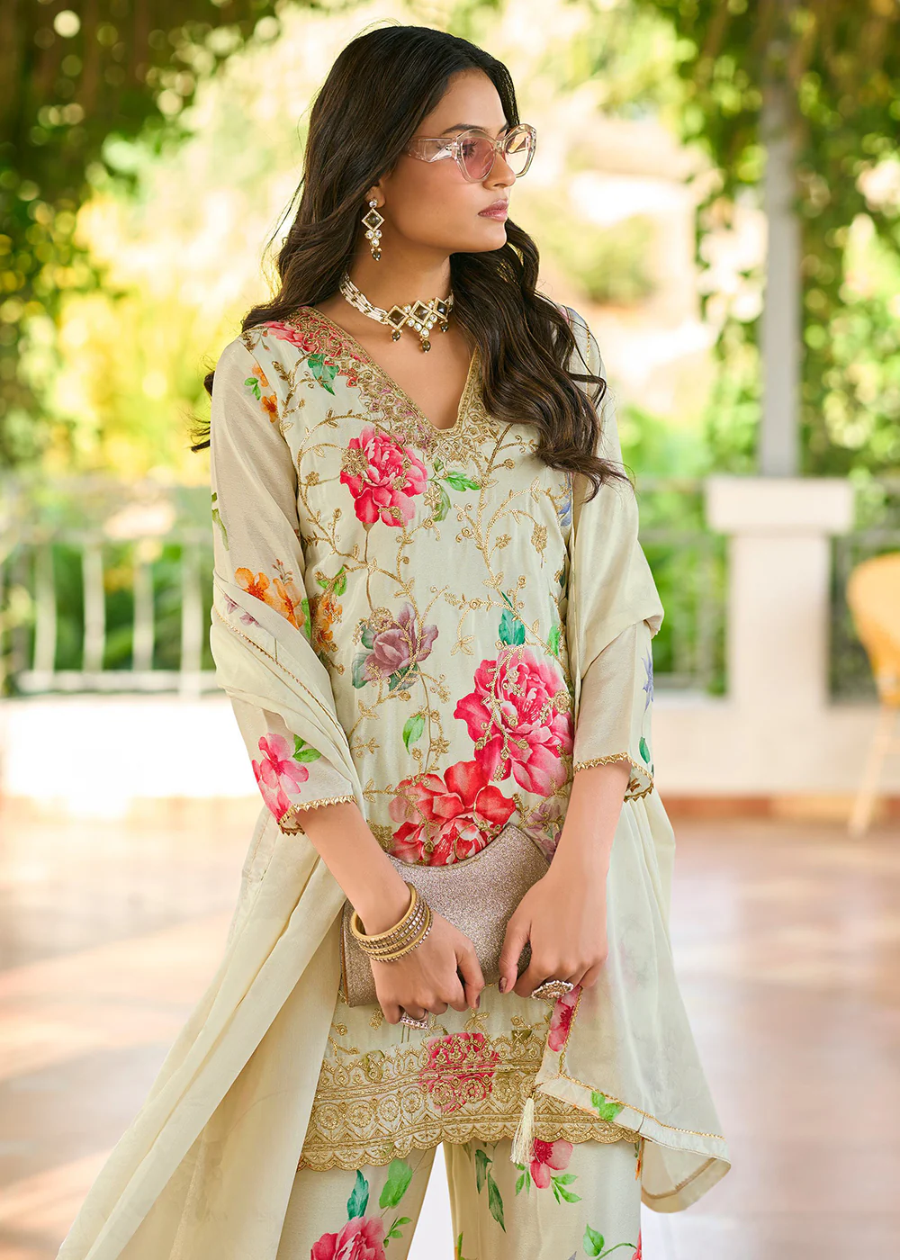 Off White Floral Printed & Embroidered Festive Palazzo Suit - Image 2