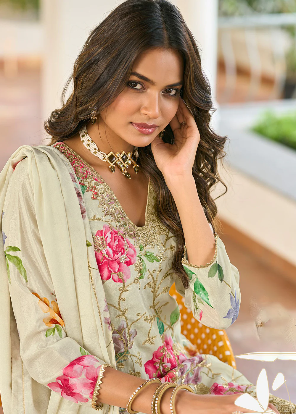 Off White Floral Printed & Embroidered Festive Palazzo Suit - Image 3