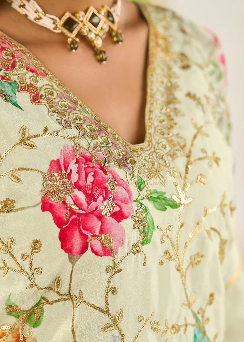 Off White Floral Printed & Embroidered Festive Palazzo Suit - Image 4
