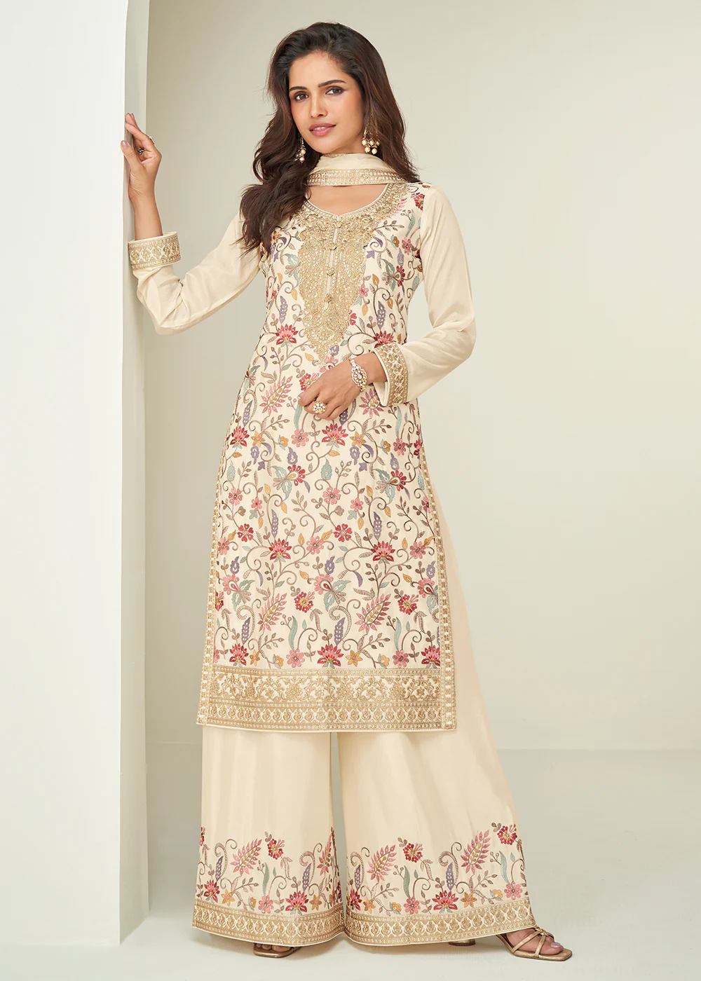 Off White Floral Style Embroidered Ethnic Palazzo Suit