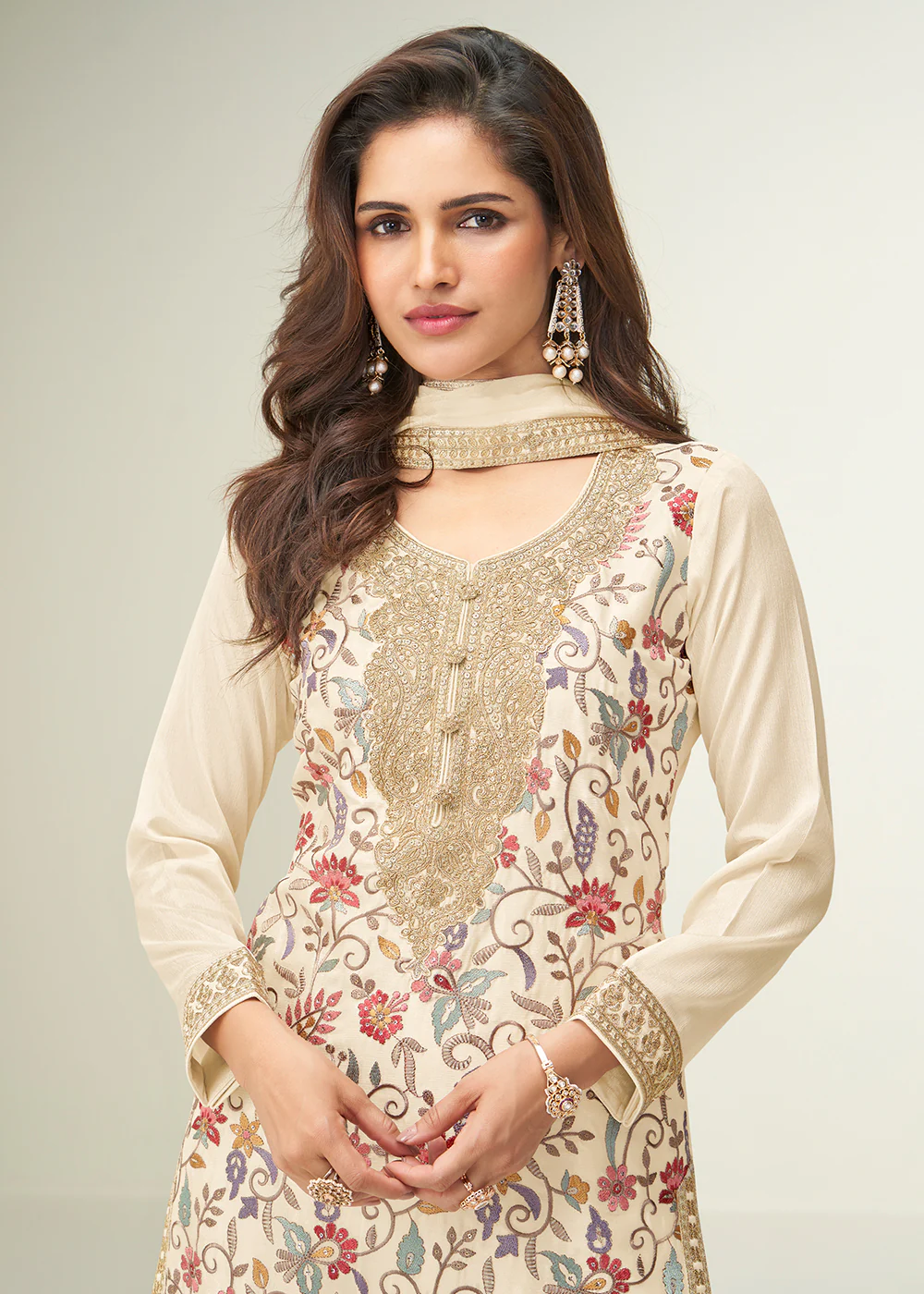 Off White Floral Style Embroidered Ethnic Palazzo Suit - Image 2