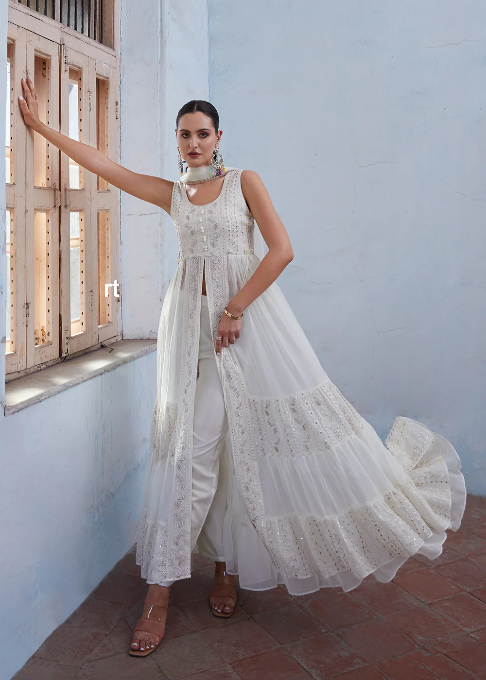 Off White Front Slit Style Pant Style Party Wear Suit - Image 6