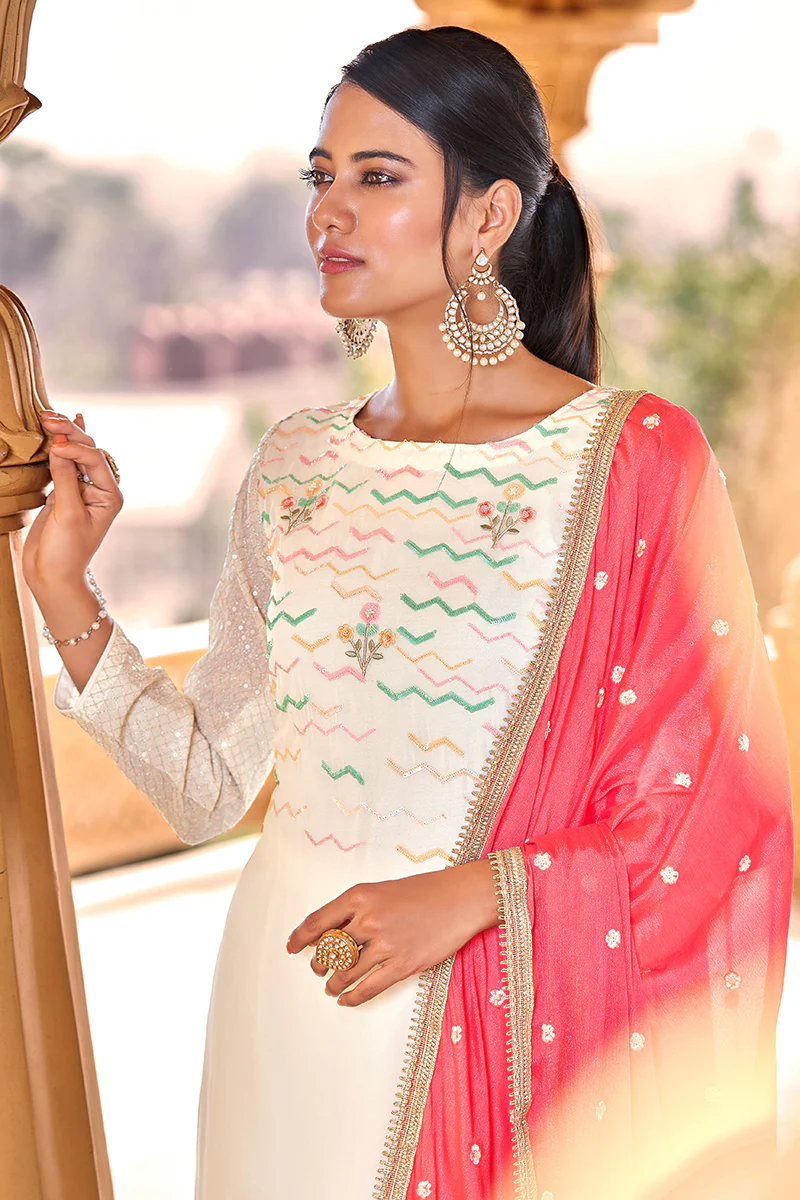 Off White Georgette Viscose Embroidered Salwar Suit - Image 2