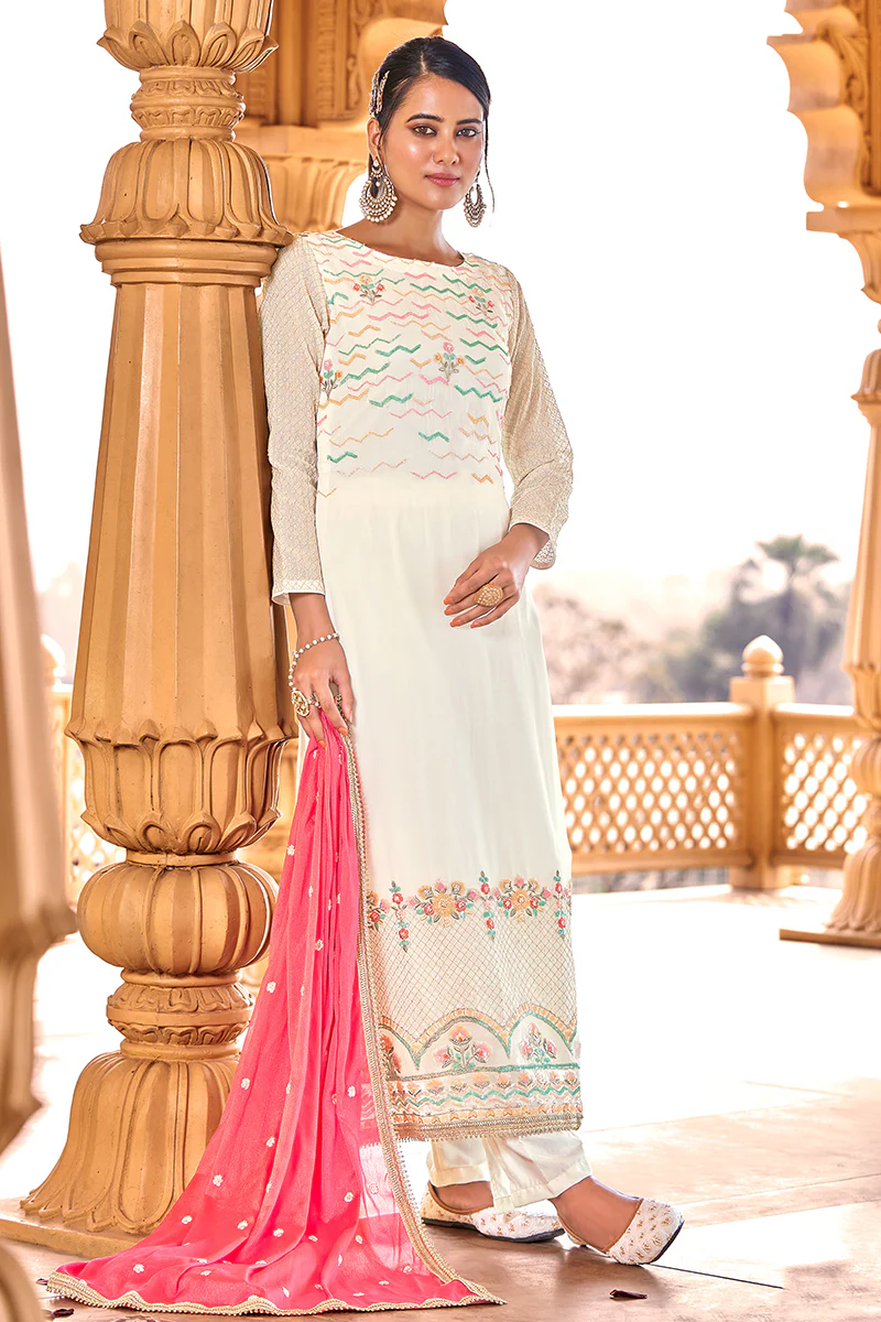 Off White Georgette Viscose Embroidered Salwar Suit - Image 3