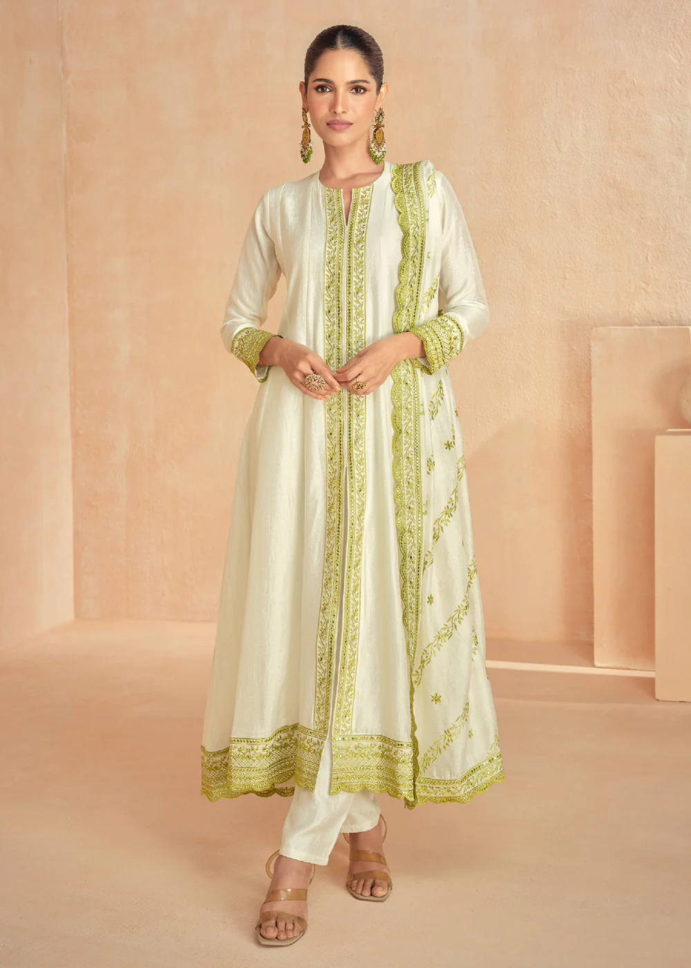 Off White & Green Slit Style Pant Style Salwar Suit - Image 4