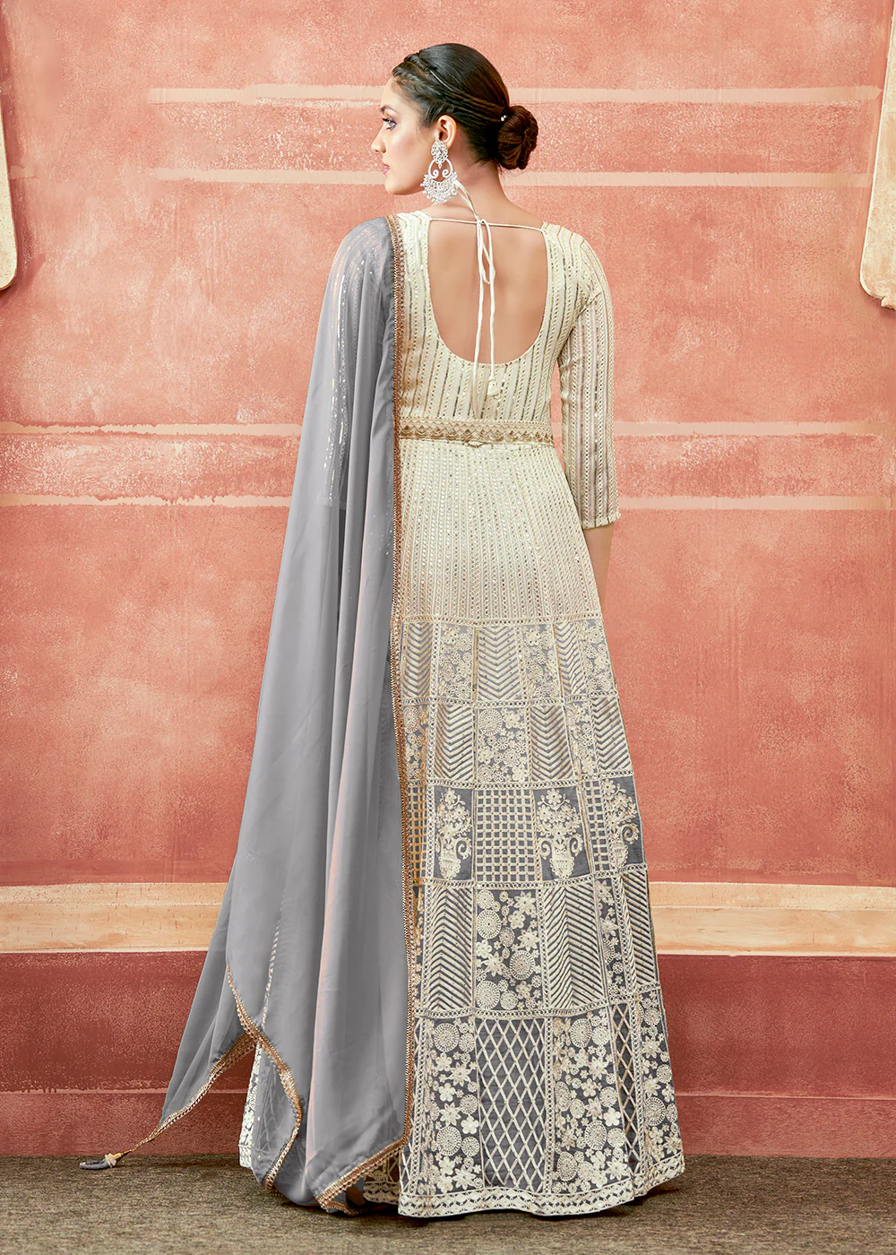 Off White & Grey Georgette Embroidered Festive Anarkali Suit - Image 2