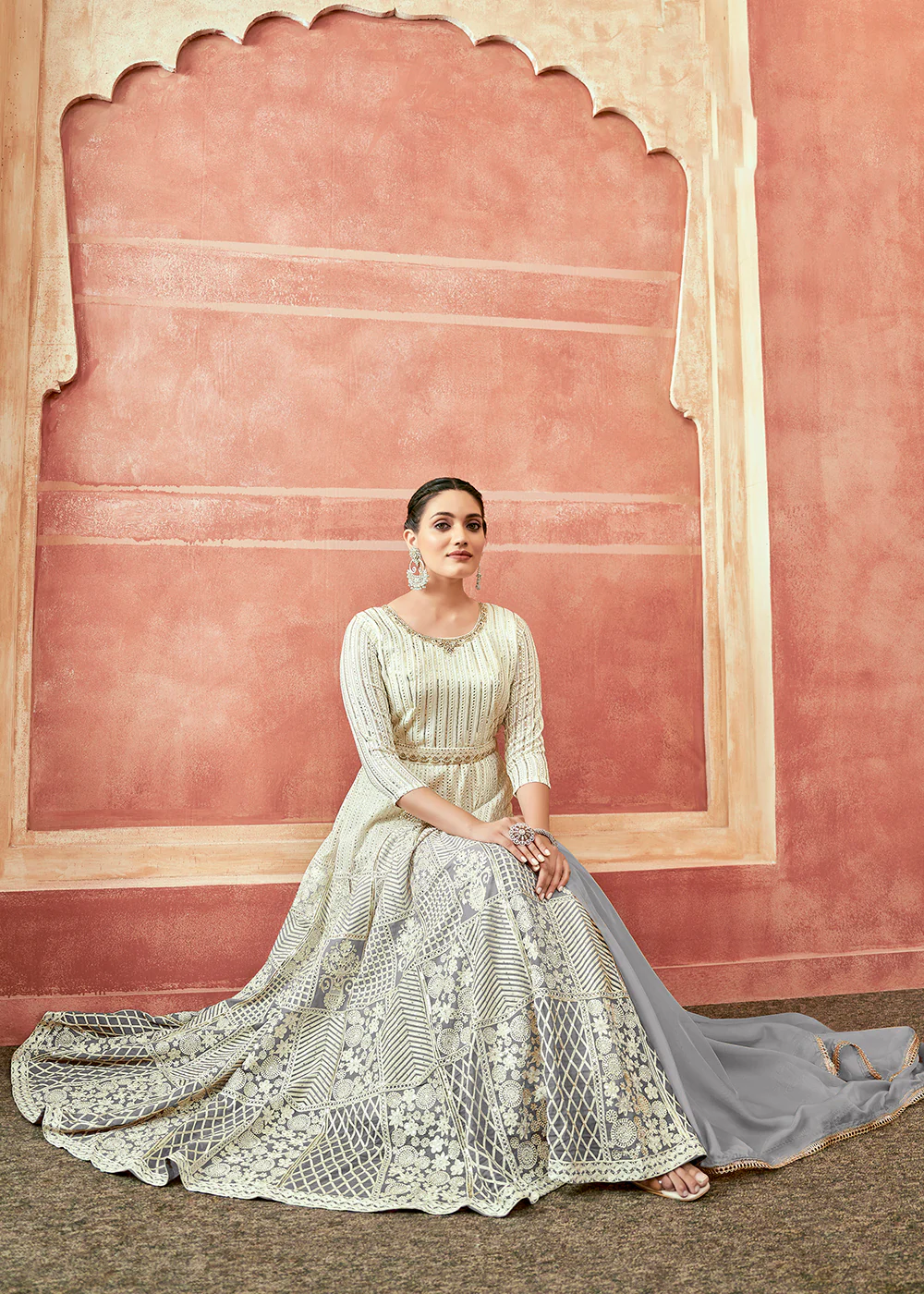 Off White & Grey Georgette Embroidered Festive Anarkali Suit - Image 3