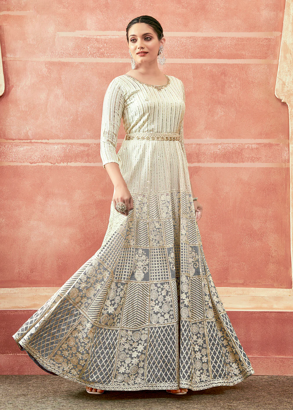 Off White & Grey Georgette Embroidered Festive Anarkali Suit - Image 4