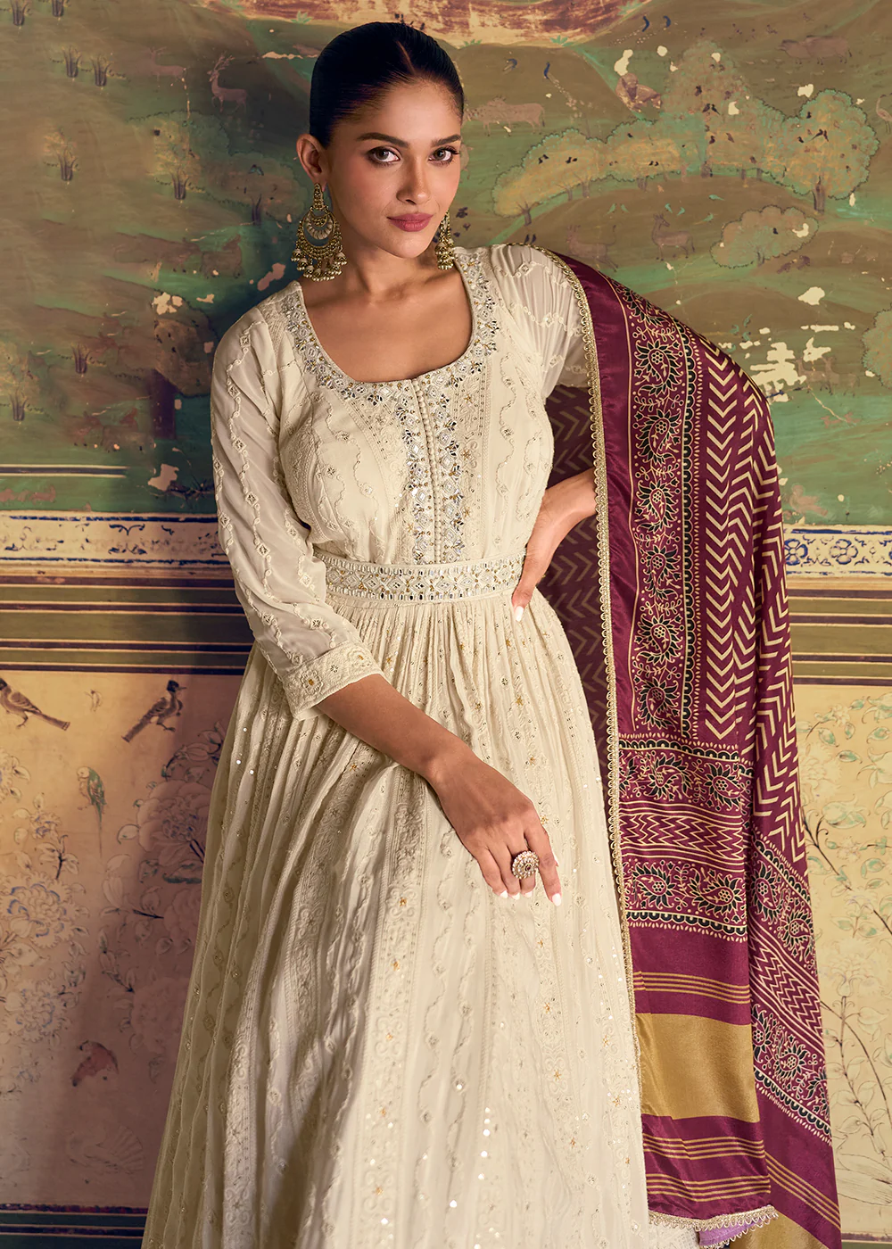 Off White Heavy Chikankari Embroidered Wedding Anarkali Gown - Image 3