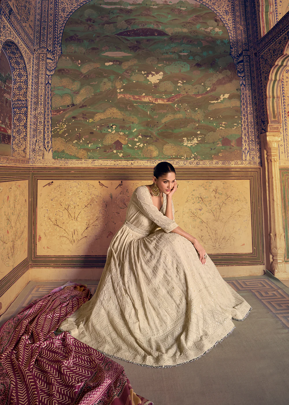 Off White Heavy Chikankari Embroidered Wedding Anarkali Gown - Image 4