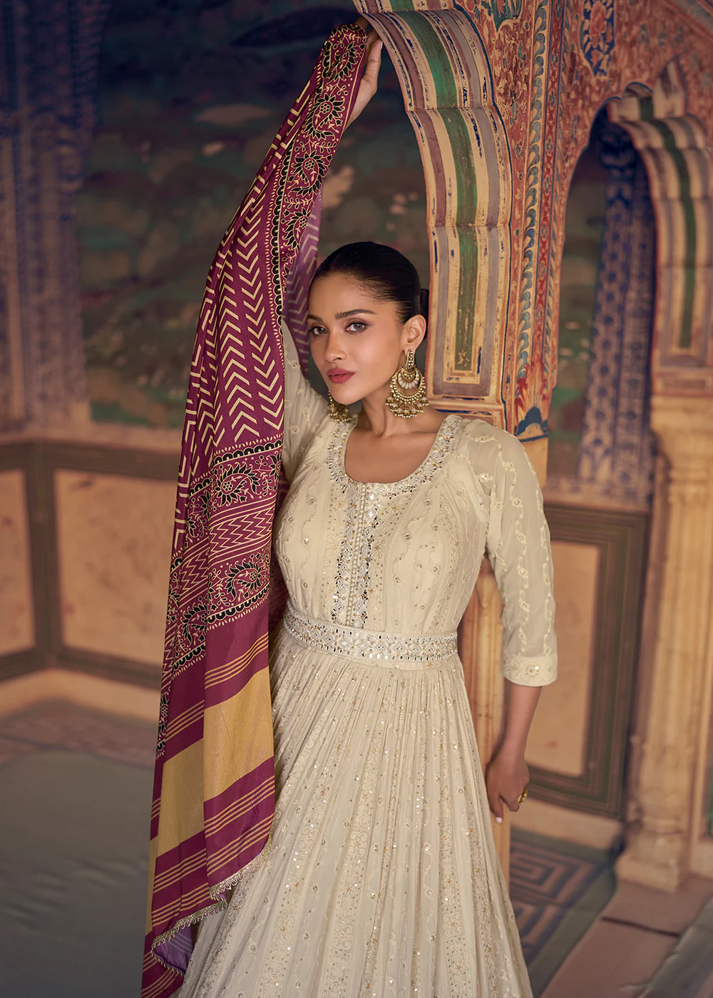 Off White Heavy Chikankari Embroidered Wedding Anarkali Gown - Image 5