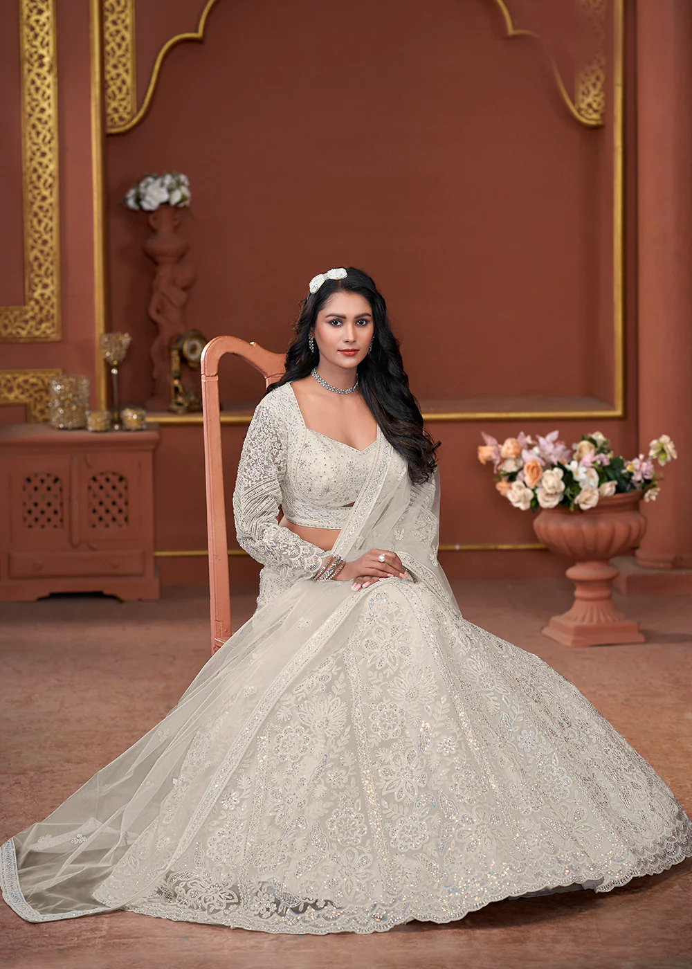 Off White Heavy Embroidered Wedding Wear Lehenga Choli - Image 4