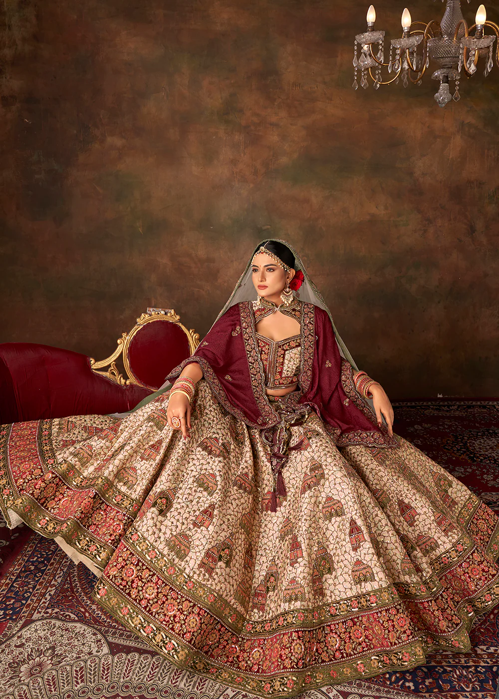 Off White Heavy Handwork Silk Bridal Lehenga Choli - Image 3