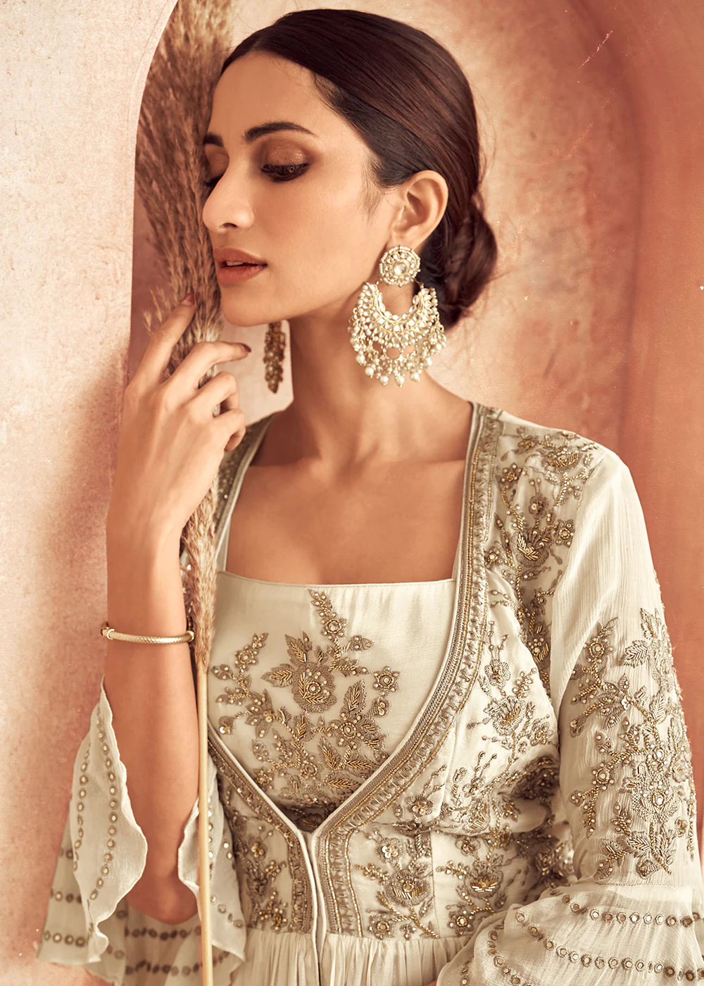 Off White Jacket Style Georgette Embroidered Wedding Anarkali Gown - Image 2