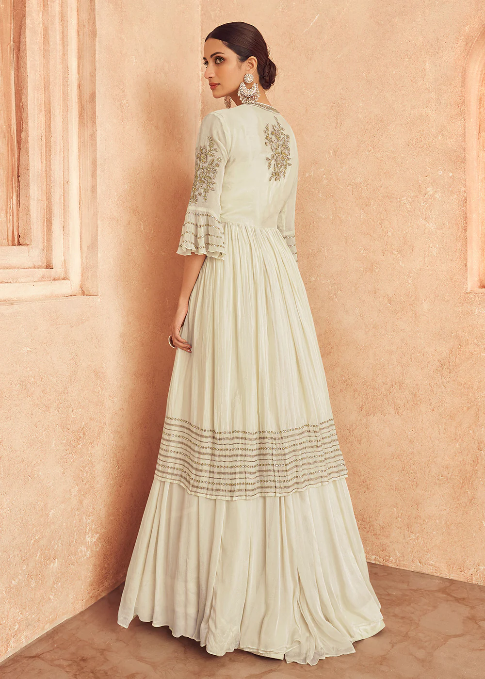 Off White Jacket Style Georgette Embroidered Wedding Anarkali Gown - Image 3
