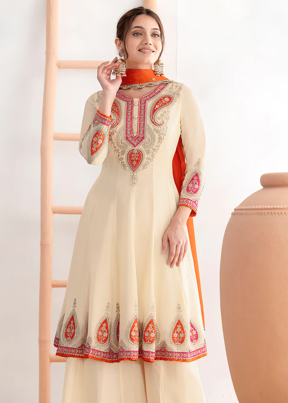 Off White Kalidar Anarkali Style Festive Palazzo Dress - Image 3