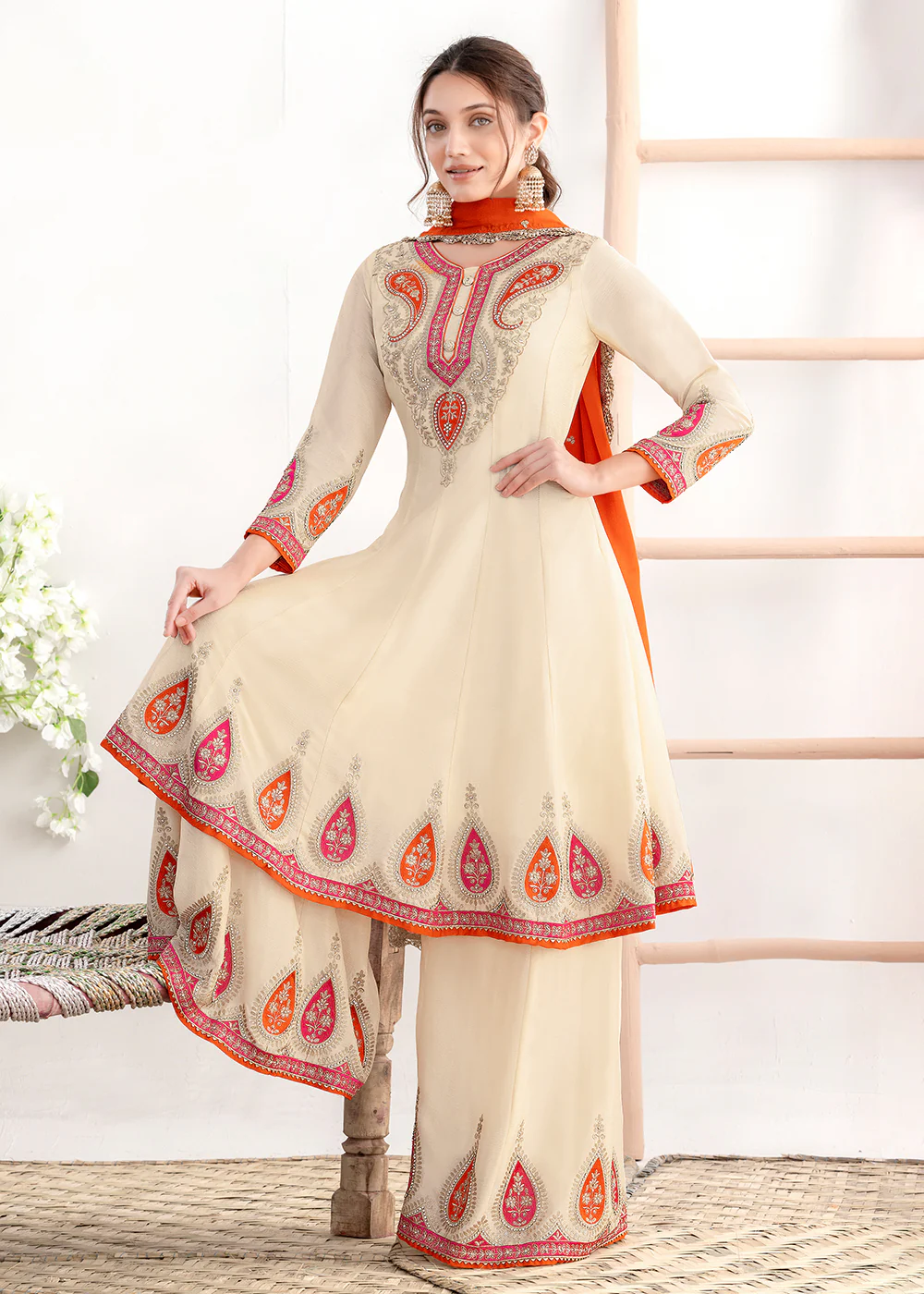 Off White Kalidar Anarkali Style Festive Palazzo Dress - Image 4