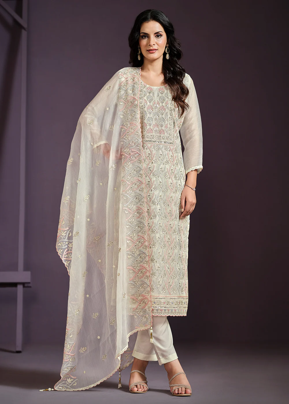 Off White Lucknowi Embroidered Chiffon Festive Salwar Suit
