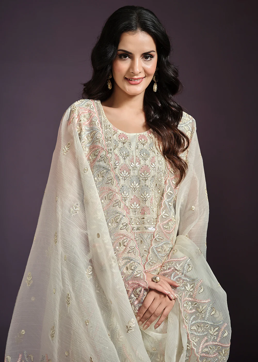 Off White Lucknowi Embroidered Chiffon Festive Salwar Suit - Image 2