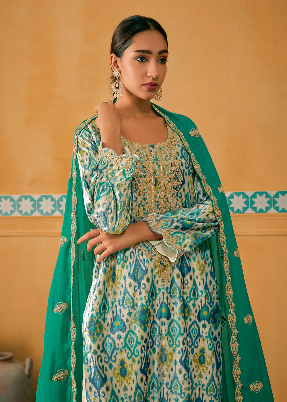 Off White Multicolor Digital Printed Embroidered Velvet Salwar Suit - Image 2