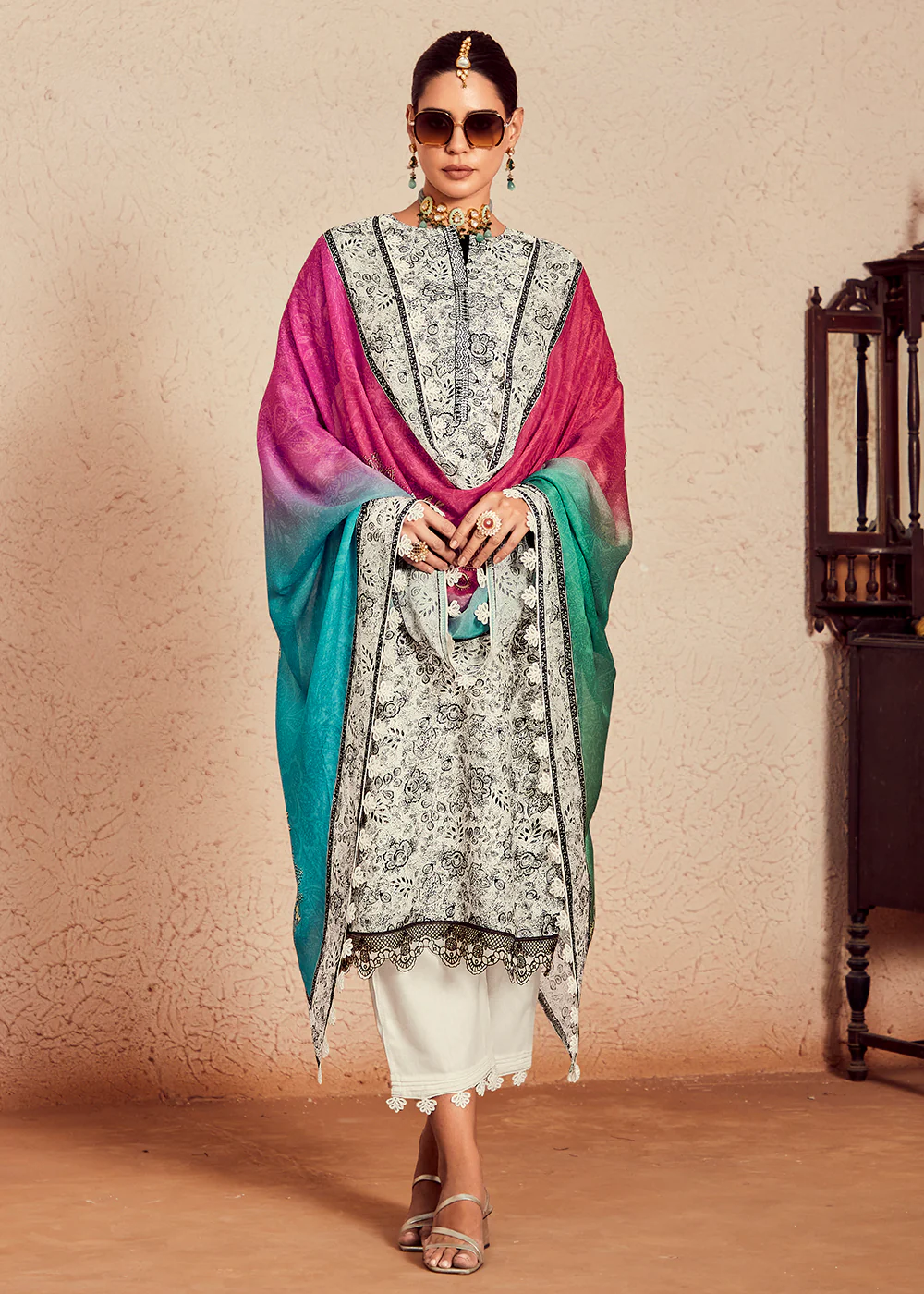 Off White Muslin Cotton Digital Print & Embroidered Salwar Suit