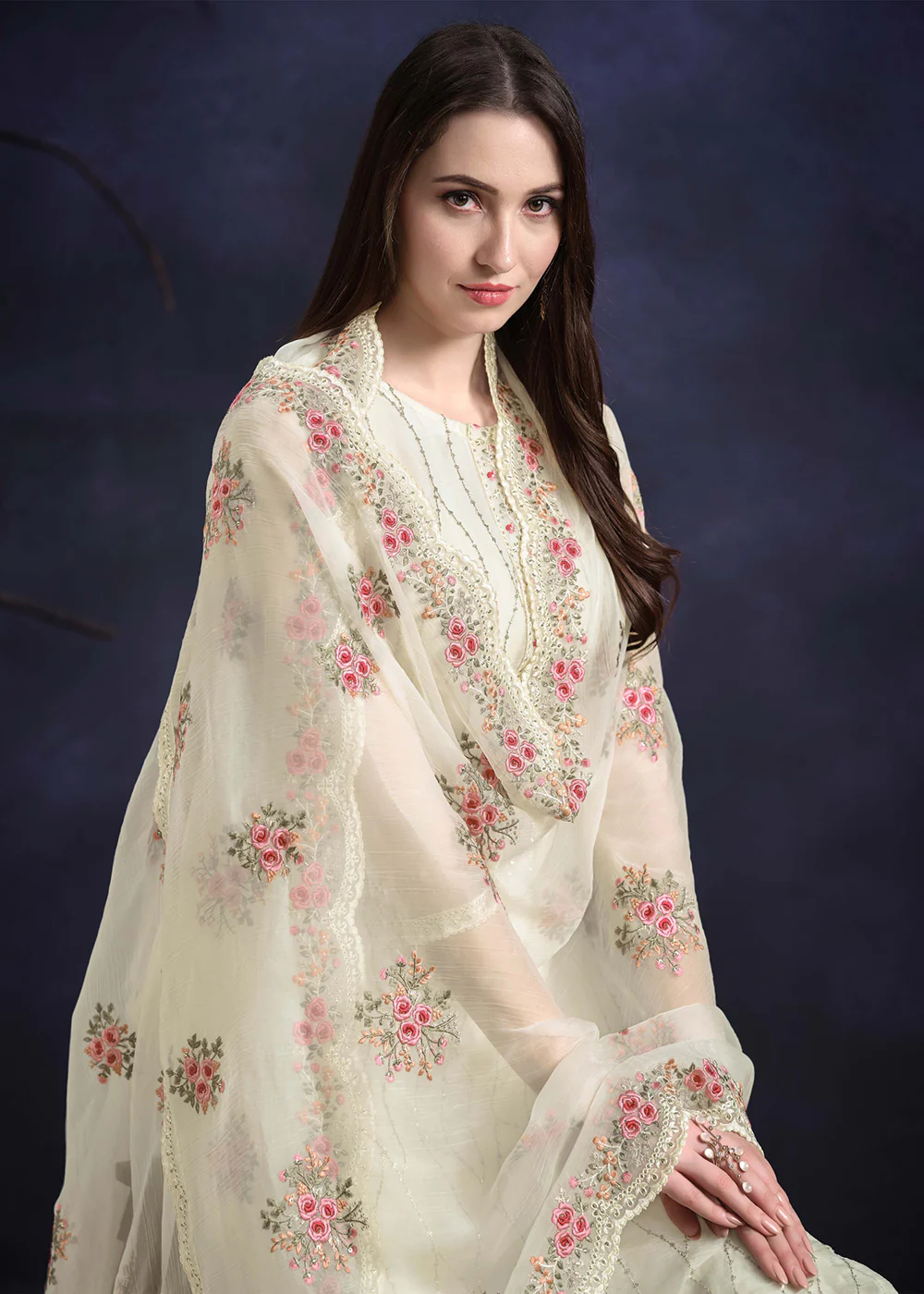 Off White Organza Chiffon Embroidered Festive Salwar Suit - Image 2