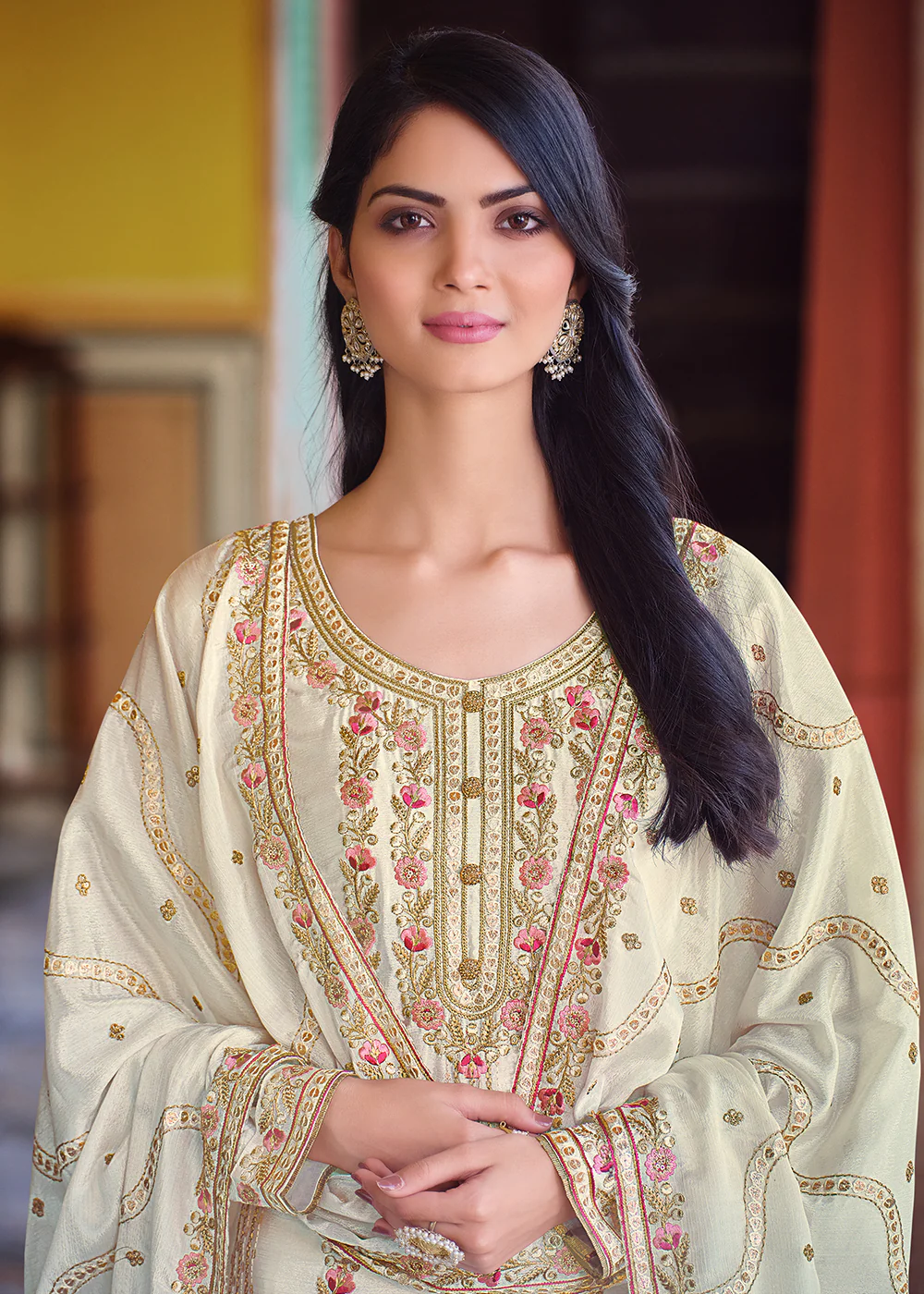 Off White Pakistani Pant Style Chinnon Salwar Suit - Image 2
