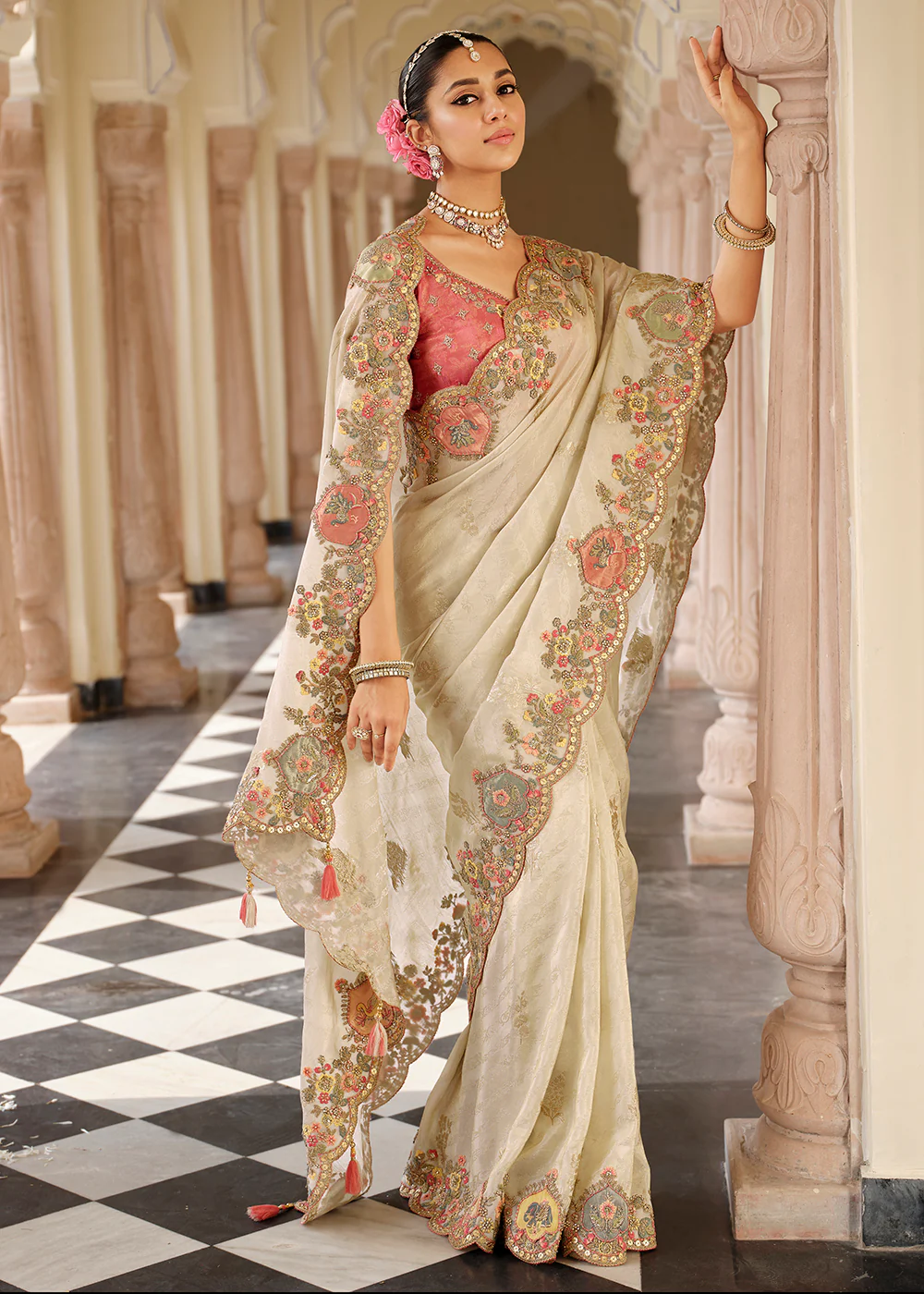 Off White & Peach Traditional Embroidered Designer Saree
