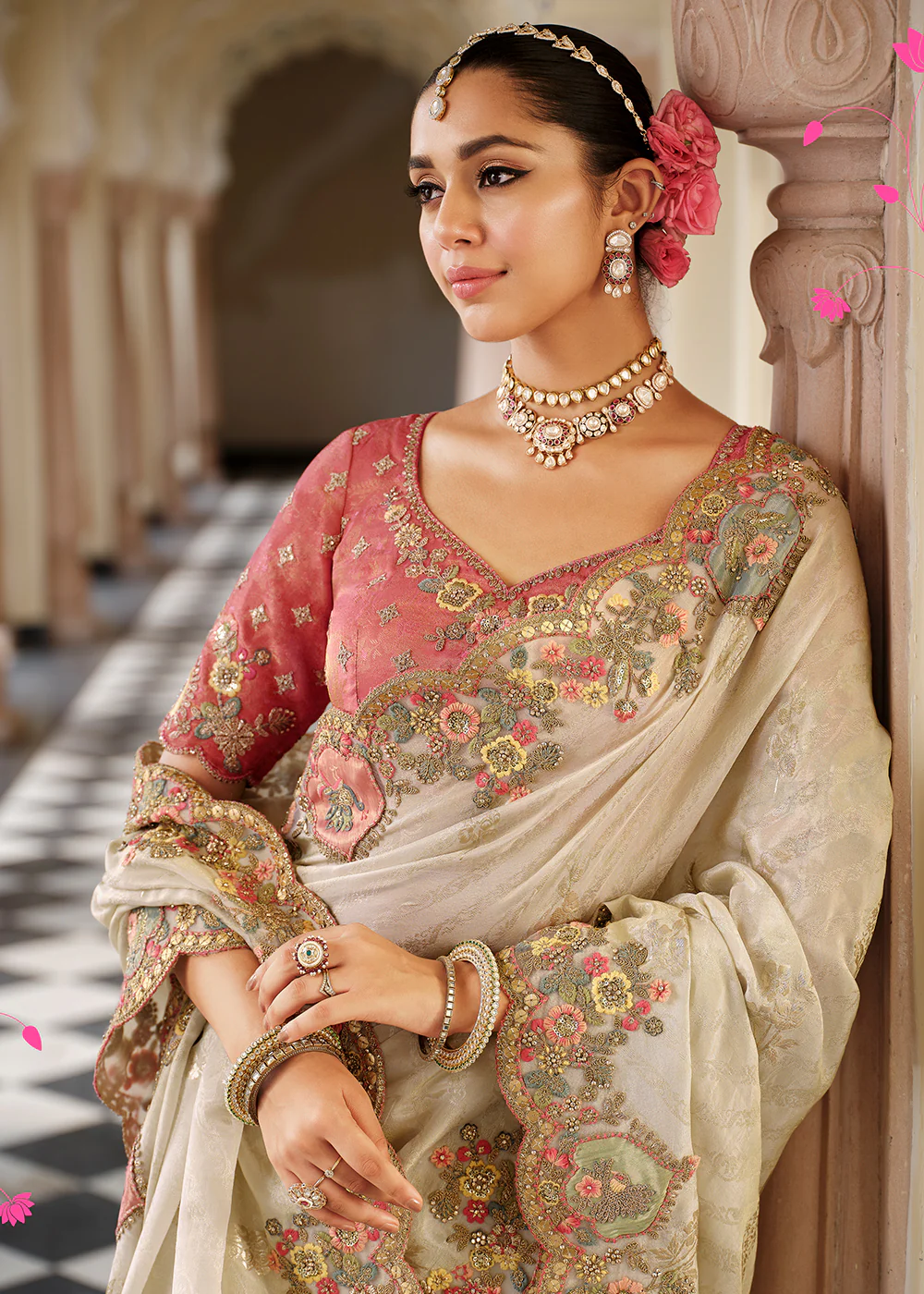 Off White & Peach Traditional Embroidered Designer Saree - Image 2